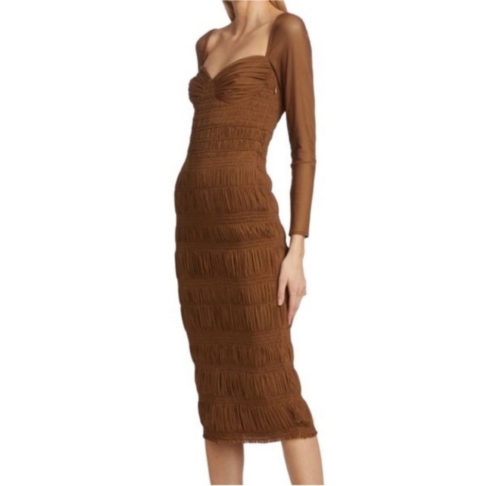 Self Portrait Midi Dress Ruched Mesh Long Sleeve Bodycon Chocolate Brown Size 6